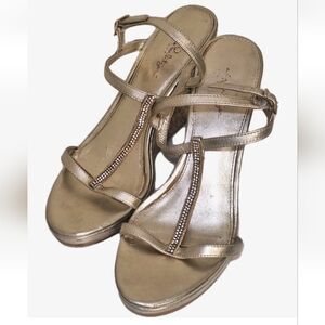 Lilly Pulitzer Metallic Gold Wedge Sandals Cork Leather Womens Size 10M READ
